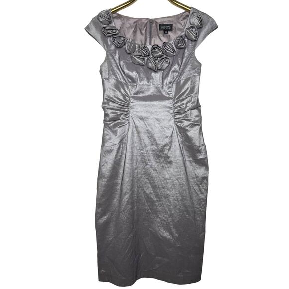 Adrianna Papell Size 10 Silver Gray Rosette Cocktail Dress Evening Sheath - Picture 1 of 13